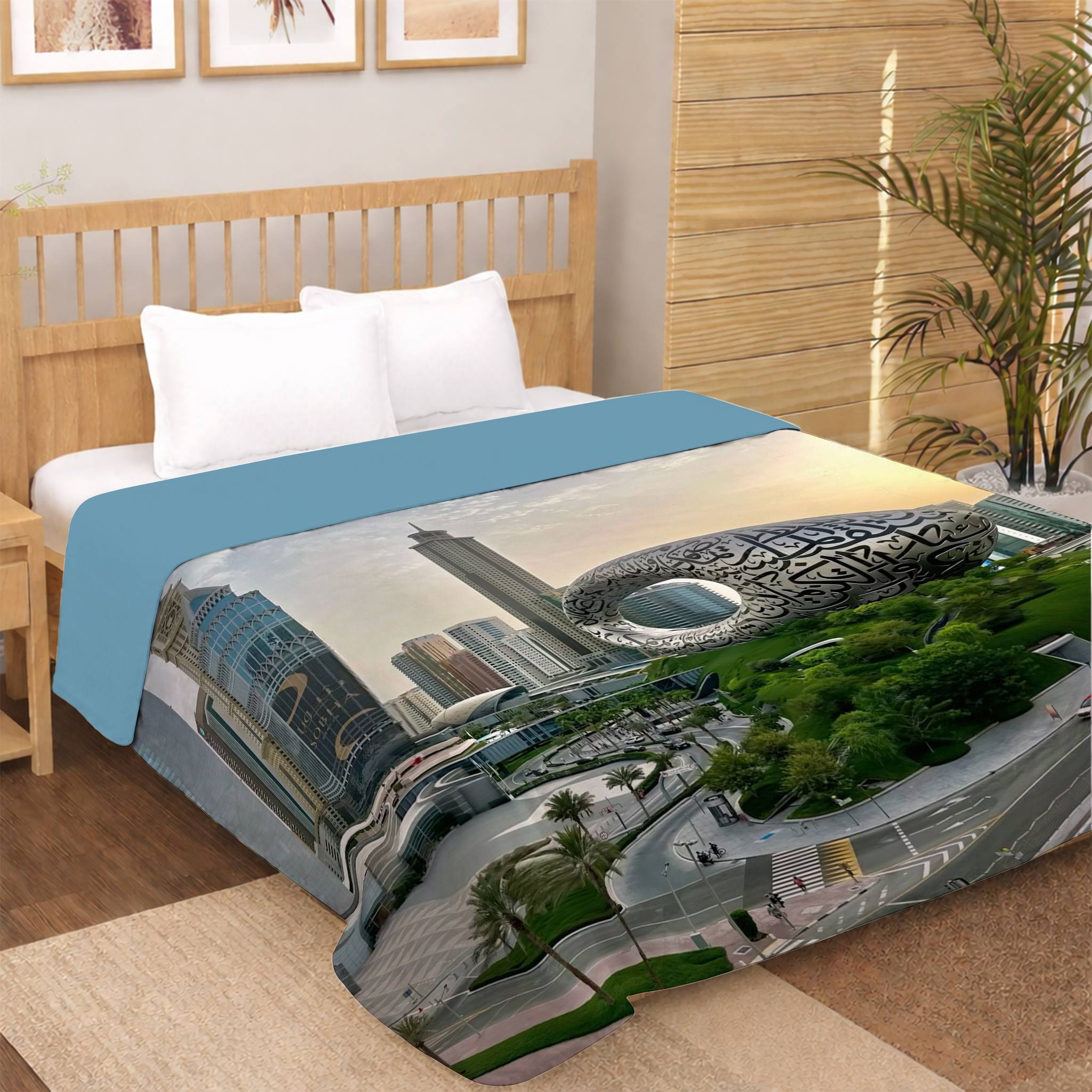 modern city skyline digital print dohar with architectural landmark and urban landscape design